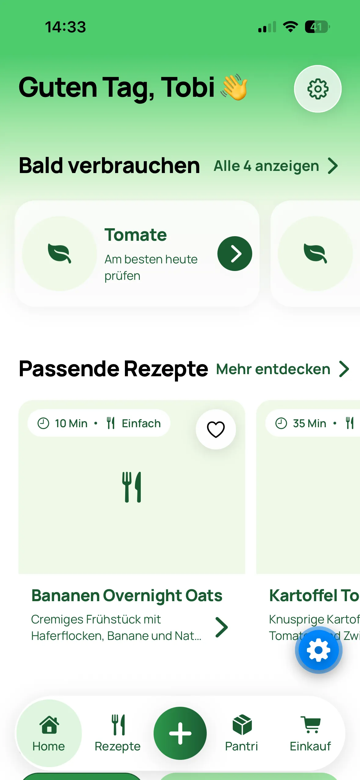 PantriPanda-Startseite mit Vorratshinweisen und Rezeptideen