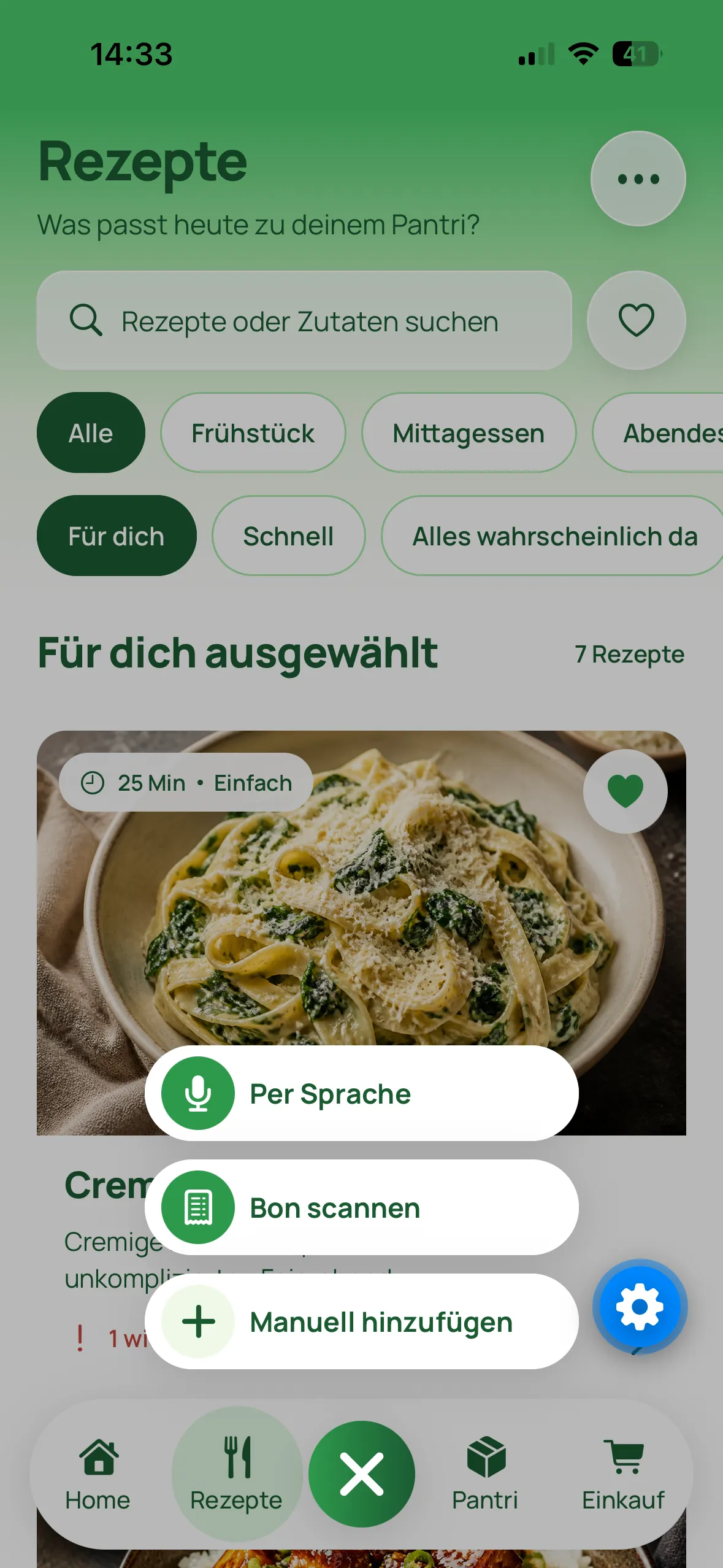PantriPanda mit geöffneten Optionen zum Hinzufügen